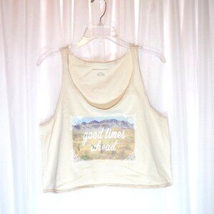 American Eagle Crop Tank Top Tee Women Medium Beige Graphic Good Times Ahead